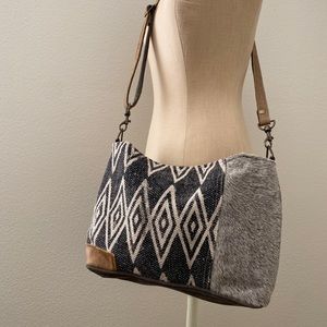Myra Bag Floral Upcycled Canvas & Cowhide Leather Cow Hair Crossbody Bag